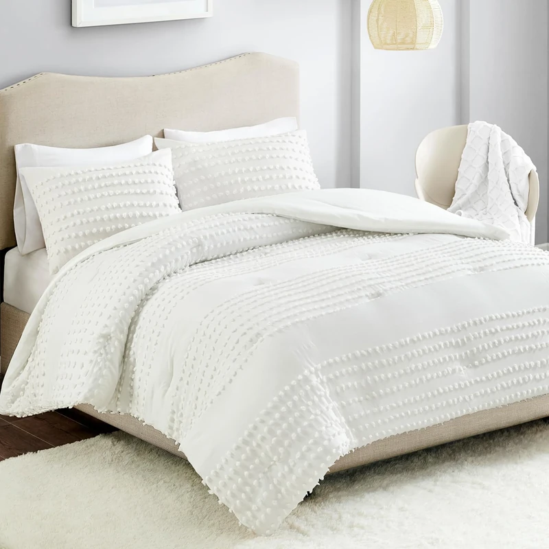 Comfort Spaces Hypoallergenic Down Alternative, All Season Modern Bedding, Matching Shams, Cotton, Phillips, Ivory, Queen