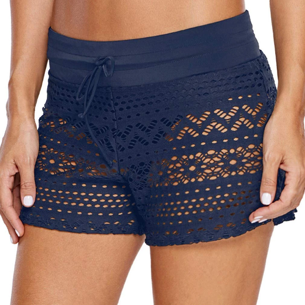 Ocean Plus Women's Crochet Lace Swim Shorts Elegant Bikini Shorts Tankini Bottoms Overlay Hotpants Panty Boxer Plus Size Swimwear Beach Shorts (M (UK 10-12), Dark Blue)