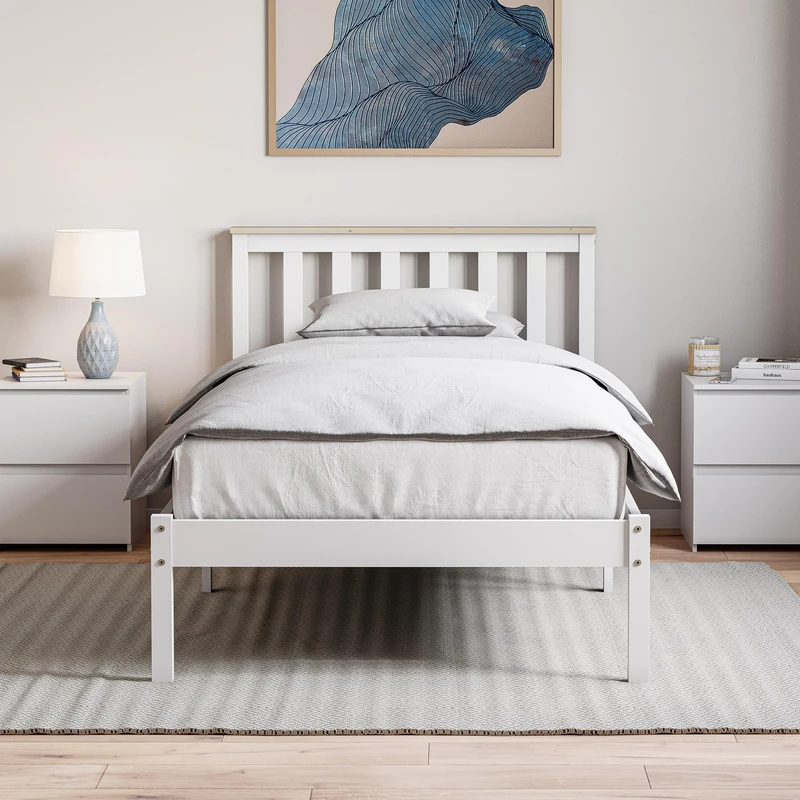 Vida Designs Milan Single Bed, 3ft, Bed Frame, Solid Pine Wood, Headboard, Low Foot End, Bedroom Furniture, White & Pine