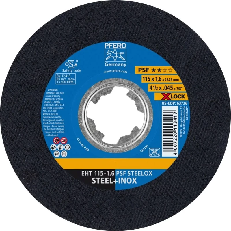 PFERD Cutting Disc, Pack of 25, 115 x 1.6 mm, Straight, X-Lock (22.23 mm), PSF Steelox, 61730124 - for Quick and Convenient Tool Changes