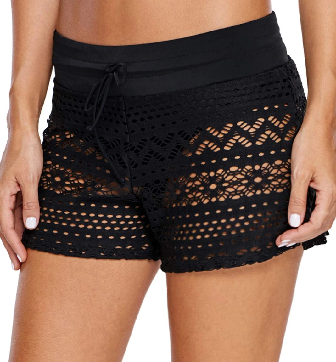 Ocean Plus Women's Crochet Lace Swim Shorts Elegant Bikini Shorts Tankini Bottoms Overlay Hotpants Panty Boxer Plus Size Swimwear Beach Shorts (M (UK 10-12), Black)