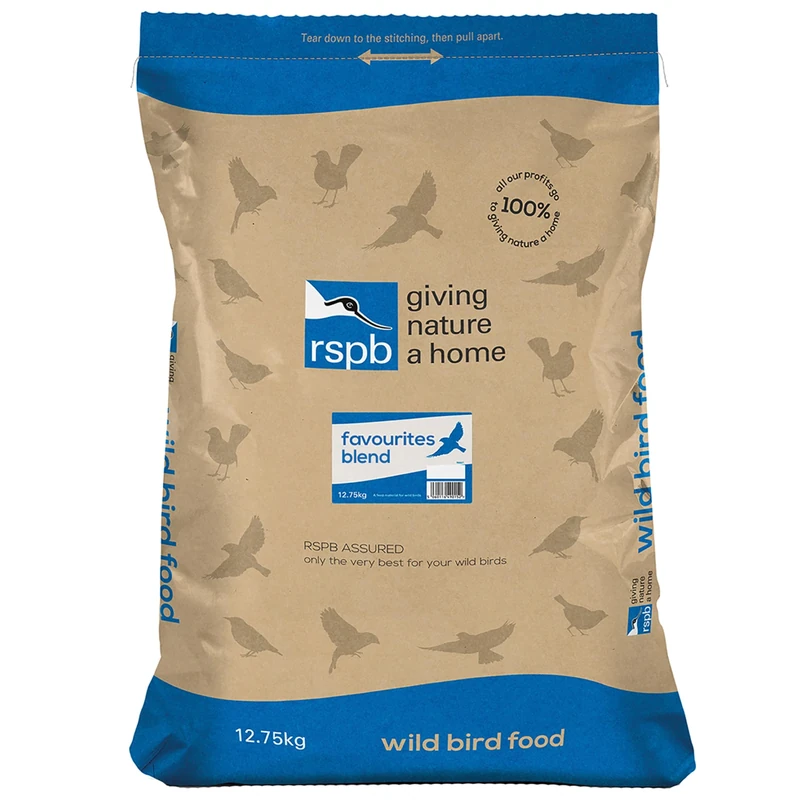 RSPB - Wild Bird Food for Small Birds, High Energy Food, Wild Bird Seed Mix with Sunflower Hearts and Dried Mealworms, Made in the UK, Suitable for Year-Round Feeding (Favourites Blend) (12.75kg)