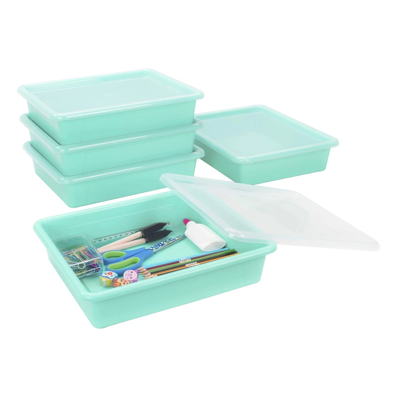 Storex Letter Size Flat Storage Tray – Organizer Bin with Non-Snap Lid for Classroom, Office and Home, Teal, 5-Pack (62541U05C)
