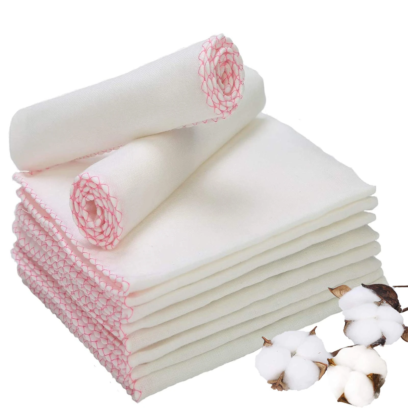 Panlom Pure Cotton Soft Muslin Face Cloths Face Cleansing Cloths Makeup Remover Polish Facial Cloths (Pink 10 Pack)