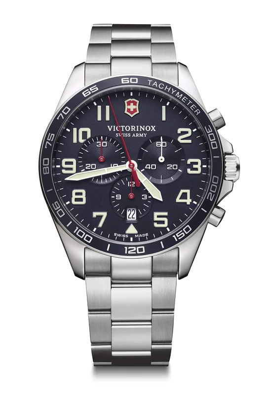Victorinox Men’s Watch Fieldforce Chrono Ø 42 mm, Swiss Made, Analogue Quartz, Water-Resistant up to 100 m, Sapphire Glass, Stainless Steel Strap, Blue/Silver