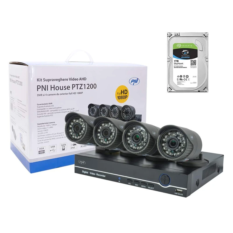 Video Surveillance Kit PNI House PTZ1200 Full HD with HDD 1TB Included - DVR And 4 External Cameras