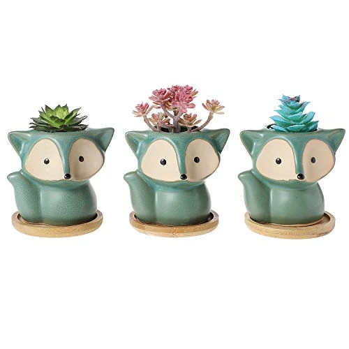 T4U Ceramic Cactus Pots Planter, Fox Shaped Cute Succulent Plant Pot with Bamboo Tray for Home Office Desk Decoration Birthday Wedding with Frosted Glaze, Set of 3 (Green Set)