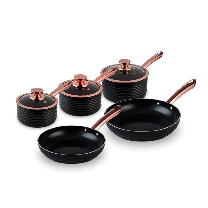 Tower Frying Pan and Saucepan Set, Linear Collection with Easy Clean Non-Stick Ceramic Coating, Aluminium, Black and Rose Gold