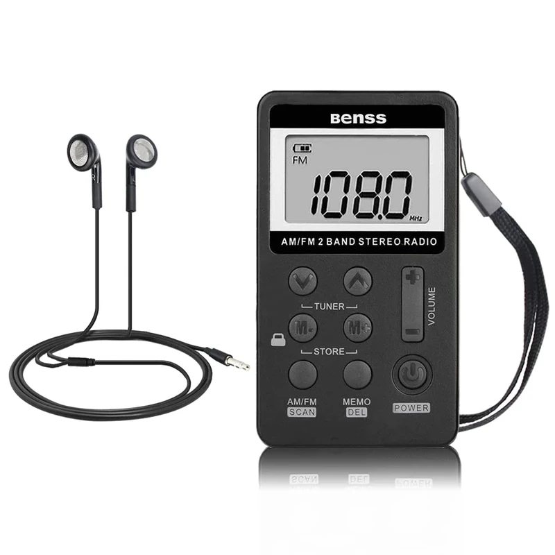 Benss Portable AM FM Mini Radio, Pocket DSP Digital Tuning Stereo Radio Mini Receiver with LCD Screen USB Rechargeable and Earphone for Walking Jogging (Black)