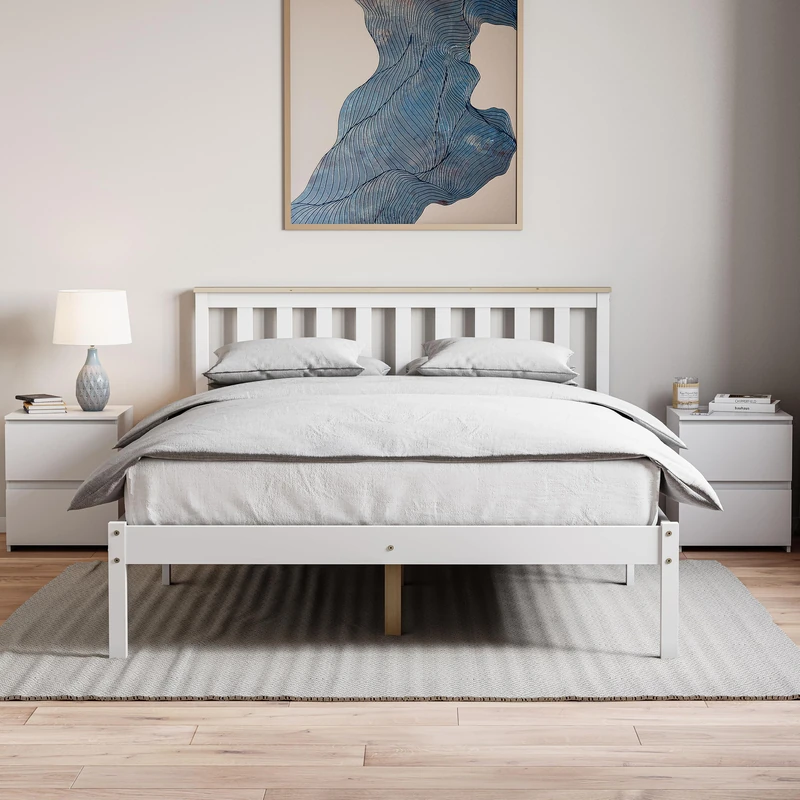Vida Designs Milan Double Bed, 4ft6, Bed Frame, Solid Pine Wood, Headboard, Low Foot End, Bedroom Furniture, White & Pine