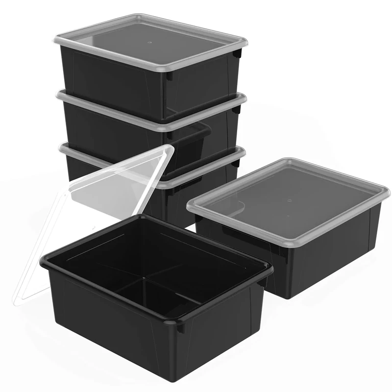 Storex Deep Storage Tray with Lid, Letter Size, 10 x 13 x 5 Inches, Black, 5-Pack (62543U05C)