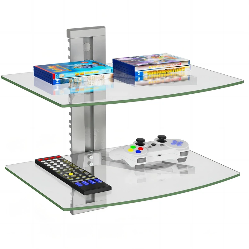 WALI Floating Entertainment Center Shelves, Holds Up to 8 kg, TV Shelf with Strengthened Tempered Glasses for DVD Players, Cable Boxes, Games Consoles, TV Accessories (CS202S), 2-Tier, Silver