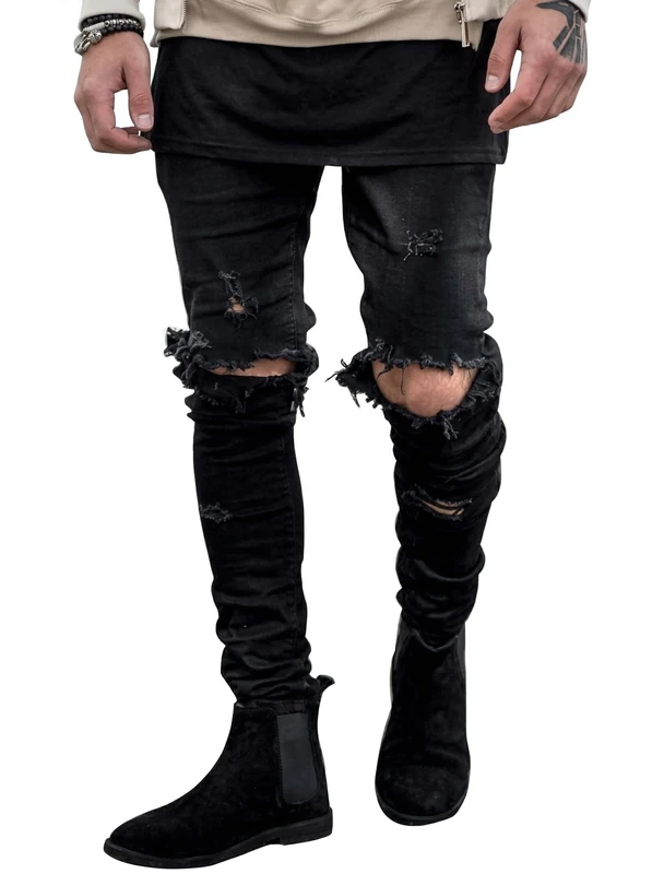 HUNGSON Men's Ripped Skinny Jeans Stretchy Slim Fit Jeans Pants for Men, Black Ripped 1, 36