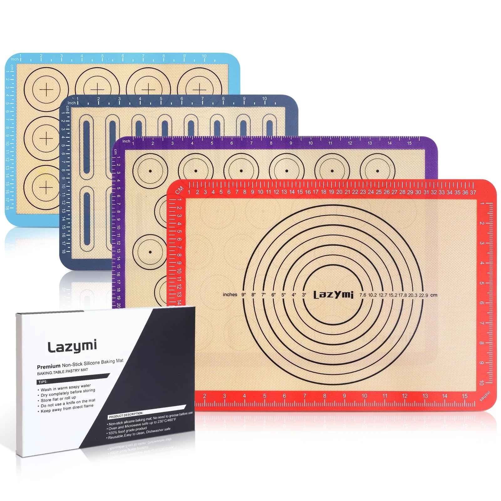 4 Piece Set Silicone NonStick Baking Mats Sheet with Measurement-Resuable Non-Slip Tray Liners, Pastry/Macaron/Cake/Cookie/Bread Making, Fit for Table Mat Counter Mat (Red, Purple, Blue, Grey)