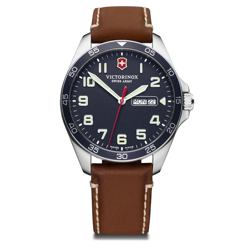 Victorinox Men’s Watch Fieldforce Ø 42 mm, Swiss Made, Analogue Quartz, Water-Resistant up to 100 m, Sapphire Glass, Leather Strap, Blue/Brown