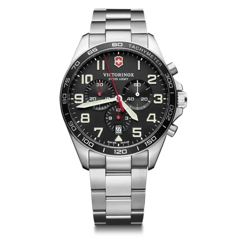 Victorinox Men’s Watch Fieldforce Chrono Ø 42 mm, Swiss Made, Analogue Quartz, Water-Resistant up to 100 m, Sapphire Glass, Stainless Steel Strap, Black