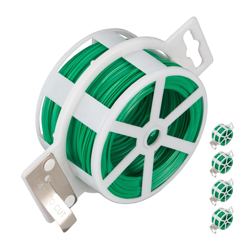 Relaxdays Pack Of 5 Garden Wire 50m, Plastic Coated Twist tie, For Plants, Reel With Cutter, Rust-, Green