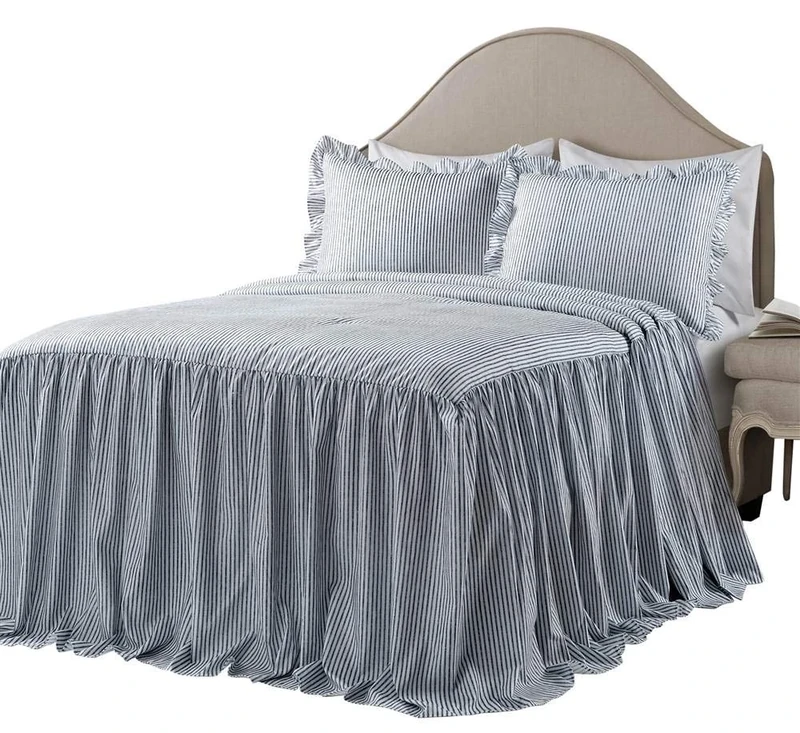Lush Decor Ticking Stripe Bedspread Navy Vintage Chic Farmhouse Style Lightweight 3 Piece Set Full, Polyester