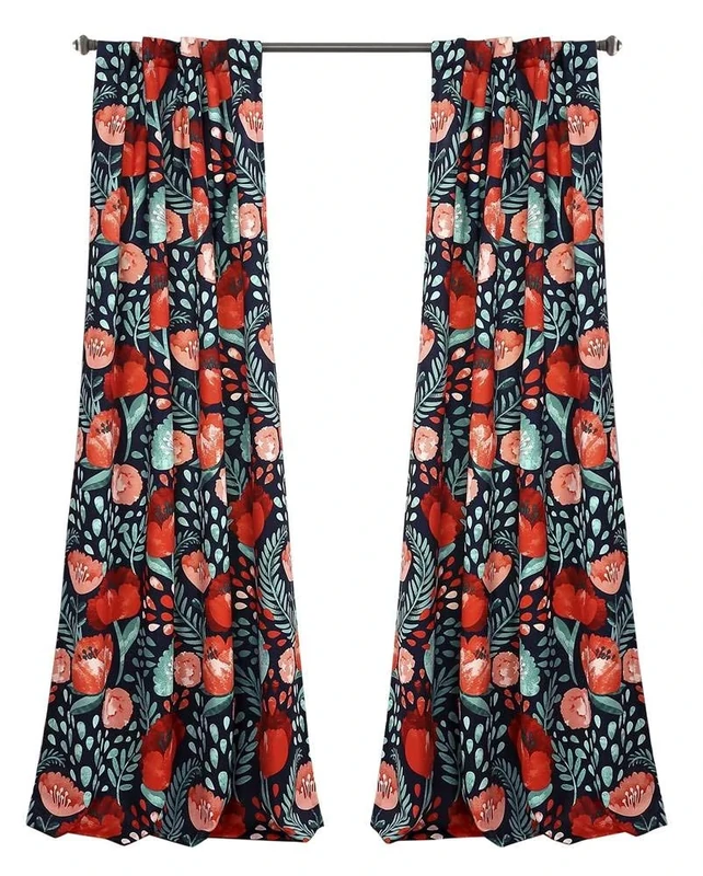 Lush Decor (Pair 108” x 52” Navy Poppy Garden Curtains Room Darkening Window Panel Set for Living, Dining, Bedroom, L