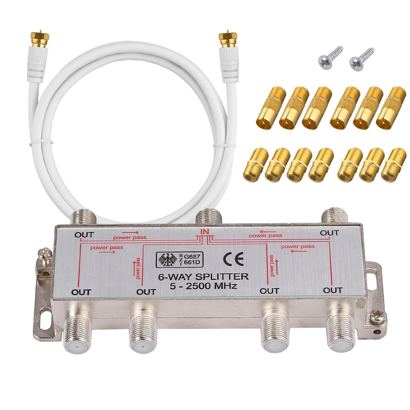 Justech 6 Way Satellite Splitter Coax Cable Splitter 5-2500MHz with 1.5m Coax Cable F Plugs for Sky Box Telewest Eurovox Starview Dreambox