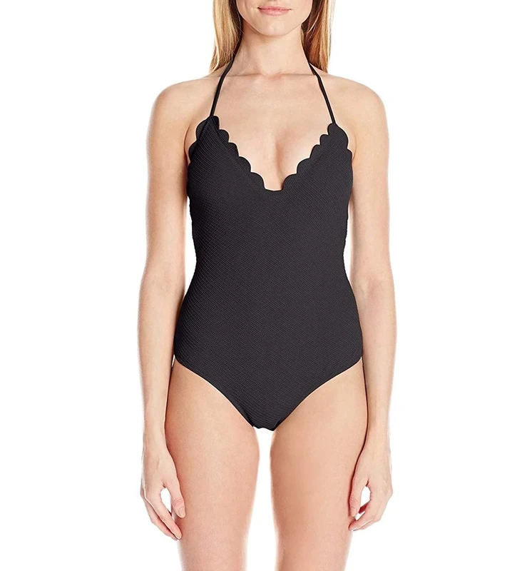Jessica Simpson Under The Sea Scalloped-Edge Textured One-Piece Swimsuit Black Large