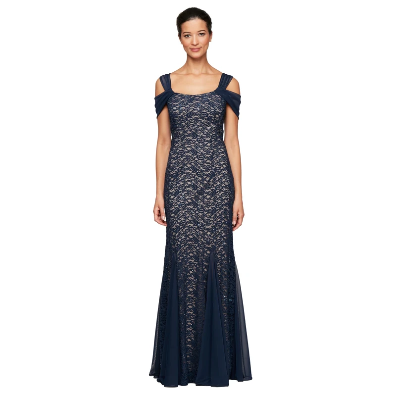 Alex Evenings Women's Long Cold Shoulder Dress (Petite and Regular Sizes) Mother of The Bride, Navy/Nude Lace, 12