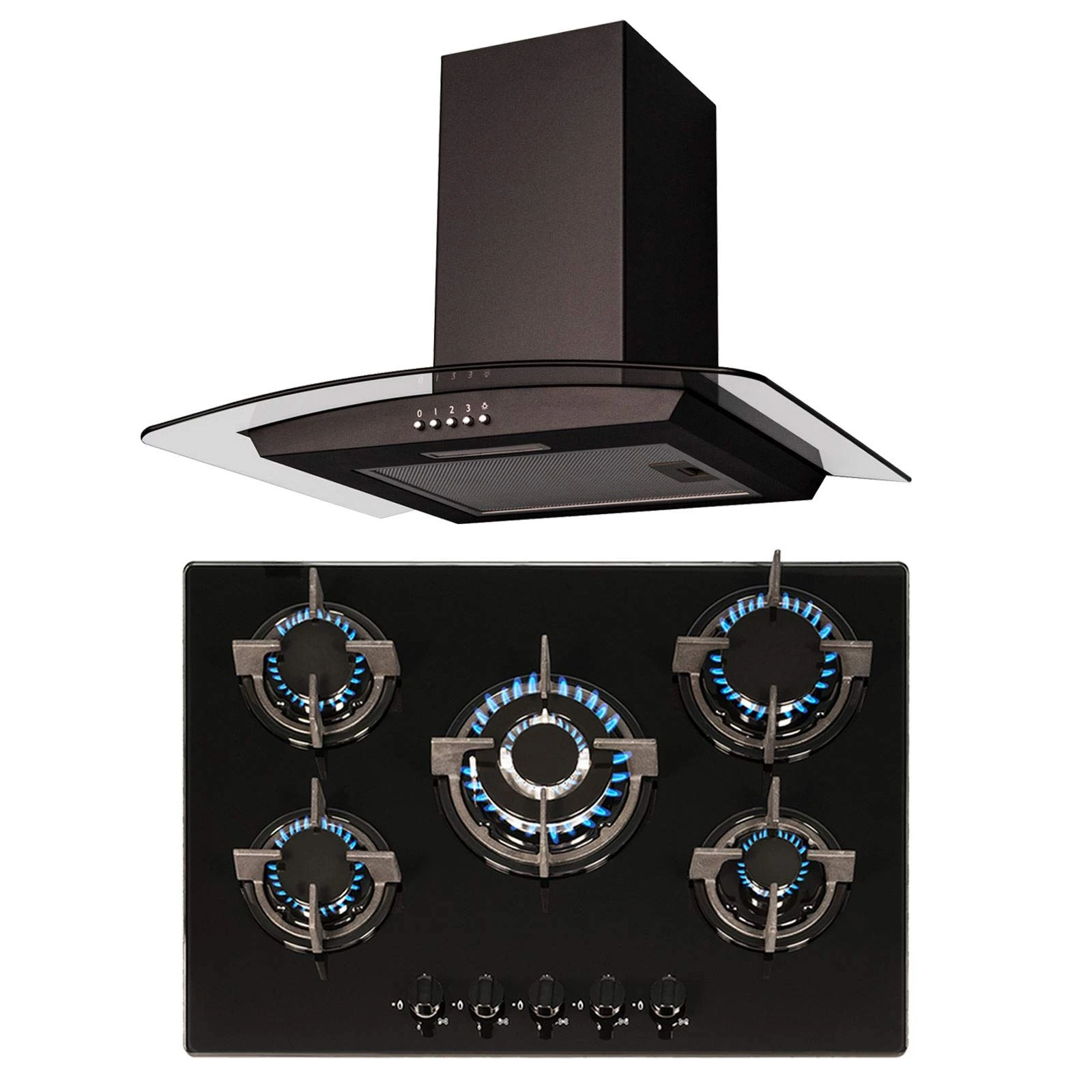 SIA 70cm Black Glass 5 Burner Gas Hob And Curved Glass Cooker Hood Extractor Fan
