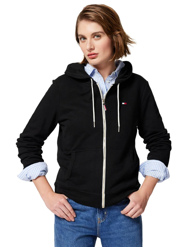Tommy Hilfiger Women's French Terry Zip Hoodie-Solid Hooded Sweatshirt, Black, XL
