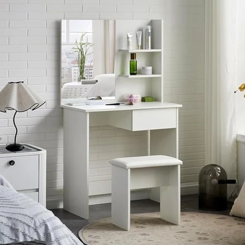TUKAILAi White Dressing Table Set with Mirror and Stool White Makeup Vanity Table 1 Drawer and Shelf with 2 Levels Cosmetic Vanity Desk with Mirror and Drawers for Bedroom
