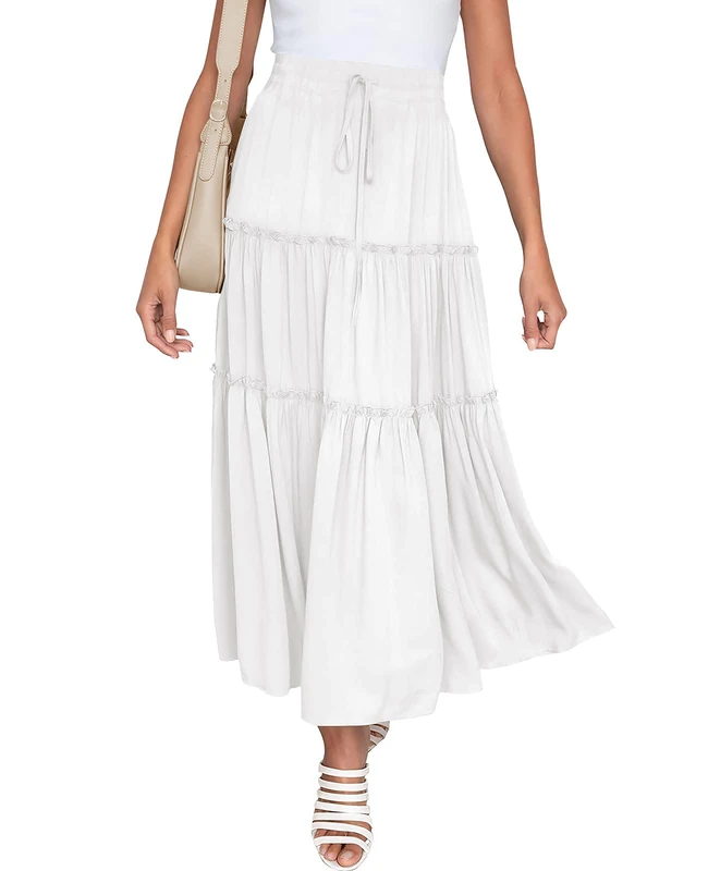 NASHALYLY Women's Chiffon Elastic High Waist Pleated A-Line Flared Maxi Skirts, White, Large - Image 1