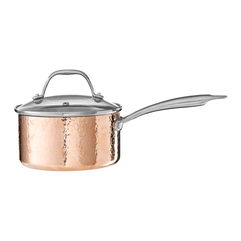 Premier Housewares Minerva Saucepan, Hammered Copper, Tri-Ply, Stainless Steel, Glass lid, 16cm