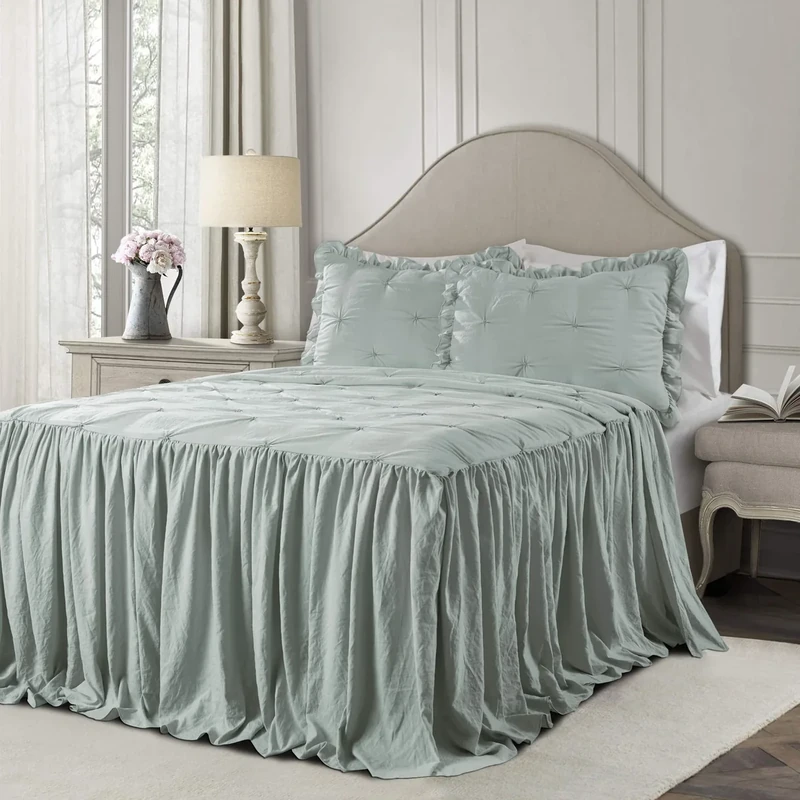Lush Decor Ravello Pintuck Ruffle Skirt Bedspread Set - Luxe 3 Piece Ruffled Bedding Set - Traditional Glam & Farmhouse Inspired Bedroom Decor - King, Blue