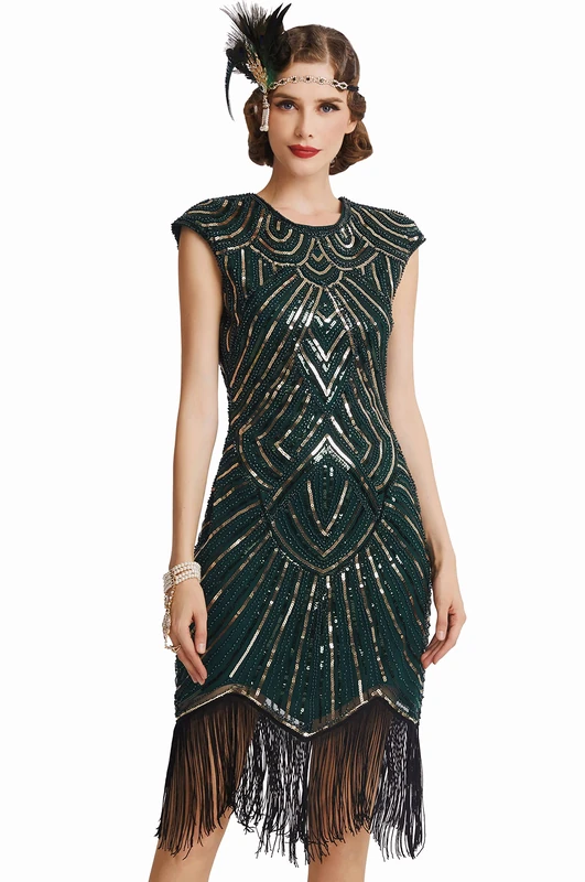 BABEYOND Women's Flapper Dresses 1920s Beaded Fringed Great Gatsby Dress (Dark Green Gold, S/UK 8-10/EU 36-38)