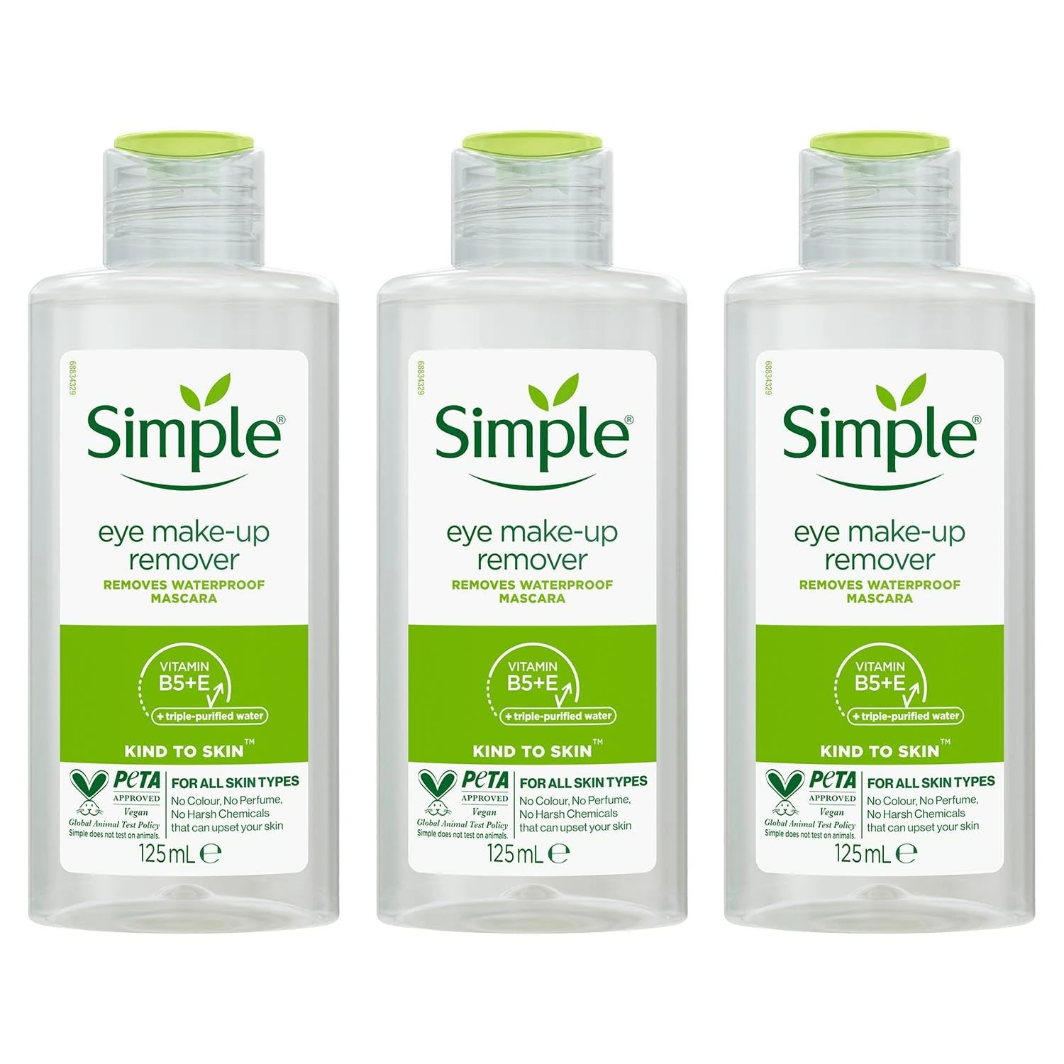 3 Pack of 125ml Simple Kind to Skin Eye Make-Up Remover For Sensitive Skin