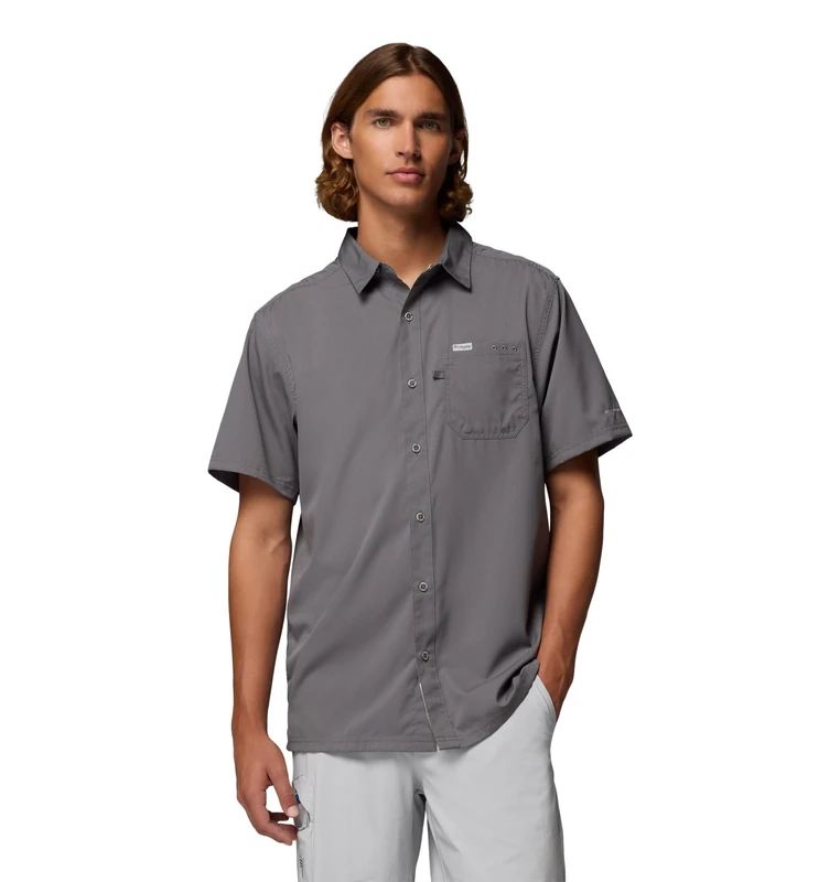 Columbia Men's Slack Tide Camp Shirt, Short Sleeve Shirt, City Grey, X-Small