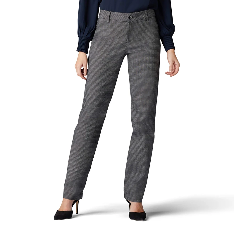 Lee Women's Wrinkle Free Relaxed Fit Straight Leg Pant, Black/White Rockhill Plaid, 6 Long
