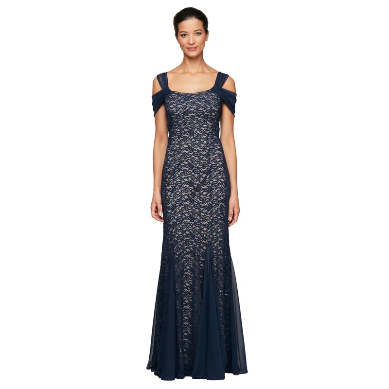 Alex Evenings Women's Long Cold Shoulder, Mother of The Bride Gown, Formal Event, Wedding Guest Dress, (Petite and Regular Sizes), Navy/Nude Lace, 10
