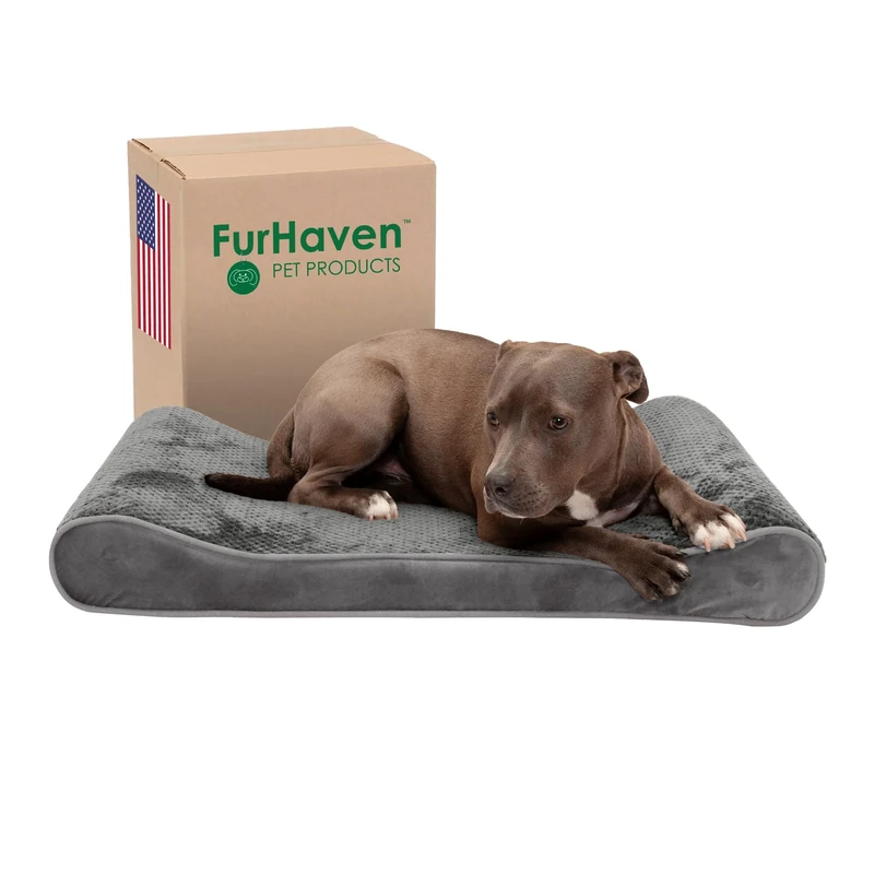 FurHaven Cooling Gel Dog Bed for Large/Medium Dogs w/Removable Washable Cover, For Dogs Up to 38 lbs - Minky Plush & Velvet Luxe Lounger Contour Mattress - Gray, Large