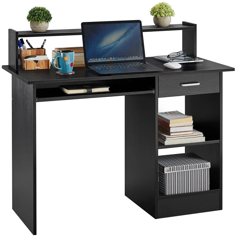 Yaheetech Black Computer Desk with Drawers Storage Shelf Keyboard Tray - Home Office Laptop Desktop Table for Small Spaces