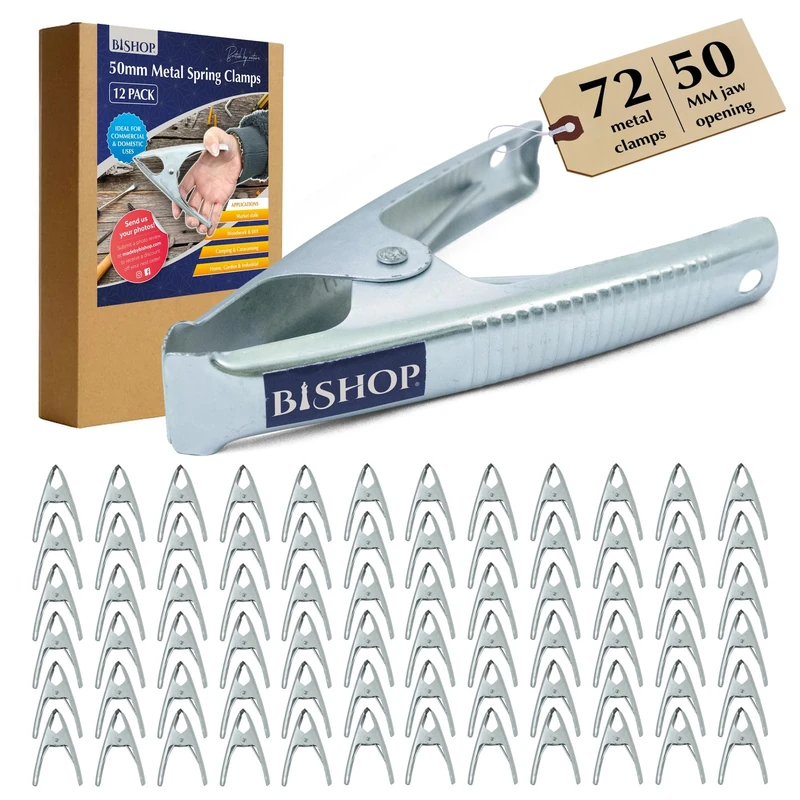 Commercial Grade Metal Spring Clamps for Woodwork - Rust Proof Market Stall Tarp Clips Clamps 50mm Jaw Capacity - Metal Clips All Steel Construction 160mm Length - Triple Coil Spring Clips (Qty: 72)