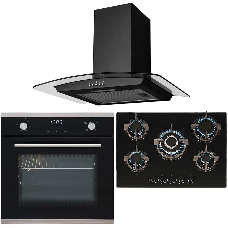 SIA Black Touch Control Single Oven, 70cm 5 Burner Gas Hob & Curved Cooker Hood