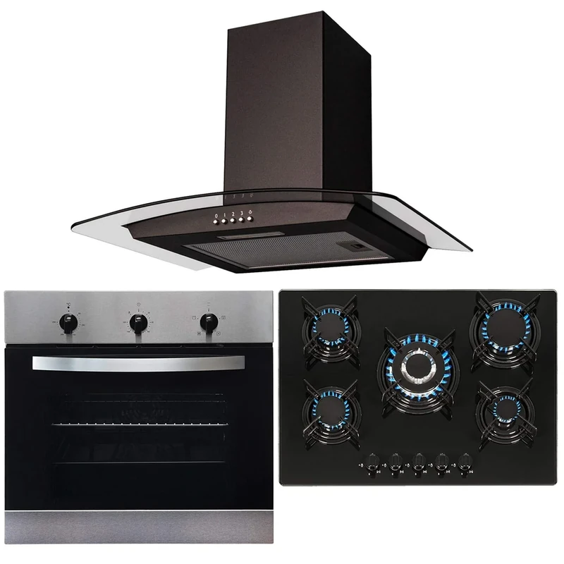 SIA 60cm Stainless Steel Fan Oven, 70cm Black 5 Burner Gas Hob & Curved Hood Fan