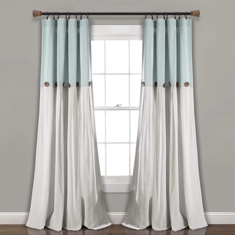 Lush Decor Linen Button Window Curtain Single Panel, Cotton Blend, Blue & Off-White, 40" W x 95" L (Pack of 1)