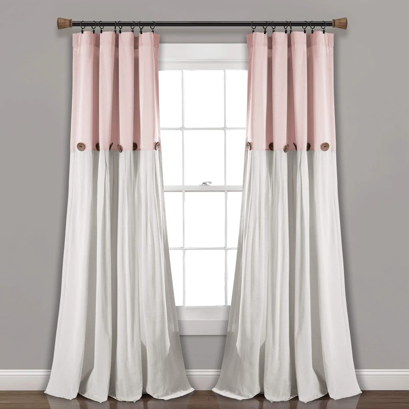 Lush Decor Linen Button Window Curtain Single Panel, Cotton Blend, Blush & Off-White, 40" W x 84" L (Pack of 1)