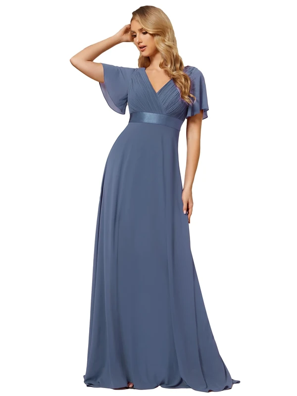 Ever-Pretty Women's Double V Neck with Short Sleeve A Line Empire Chiffon Long Bridesmaid Dresses Dusty Navy 16UK
