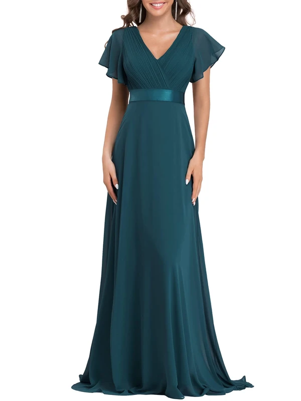 Ever-Pretty Women's Double V-Neck Short Flutter Sleeves Empire Waist Elegant Chiffon Long Plus Size Evening Dresses Teal 18UK
