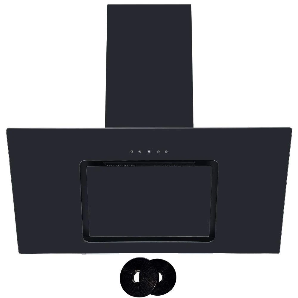 Cookology VER905BK 90cm Black Angled Glass Cooker Hood, Touch Controls & Filters
