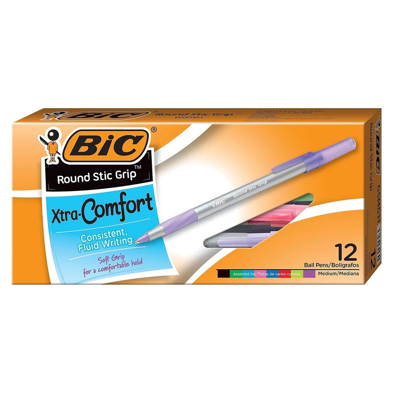 BIC Round Stic Grip Xtra-Comfort Ballpoint Pens, 1.2mm, Medium Point, Fashion Assorted Colors, 12-Count