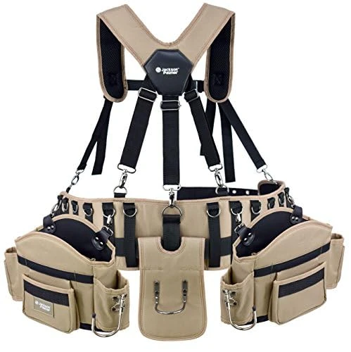 Jackson Palmer Professional Comfort-Rig Tool Belt with Adjustable Suspenders (Detachable Pockets & 2 Power Tool Hooks) - Tan & Black