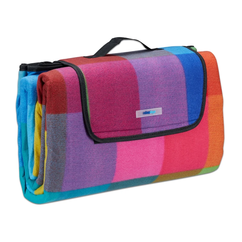 Relaxdays XXL Picnic Blanket, 200 x 200 cm, Fleece Beach and Camping Mat, Insulated & Waterproof, With Handle, Multi-Coloured Plaid